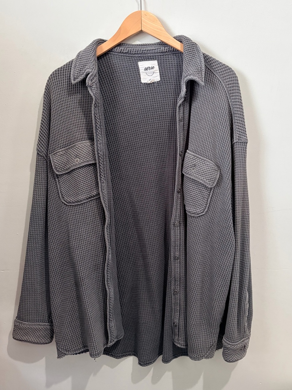 Aerie LumberJane Waffle Knit Shirt Charcoal Grey Oversized Button Down XL - Picture 2 of 6